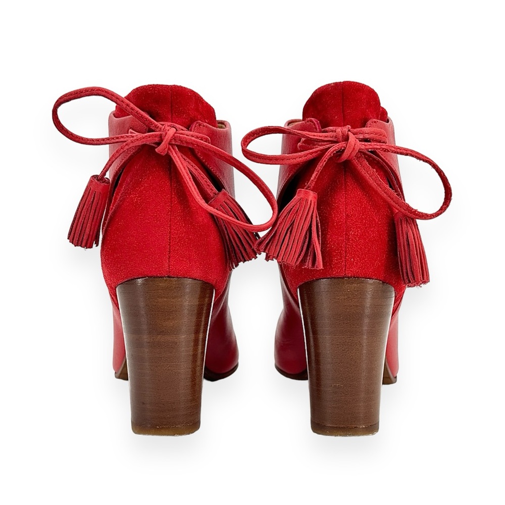 Sezane Red Block Heel Ankle Leather & Suede Tassel Detail Ankle Heels sz 36